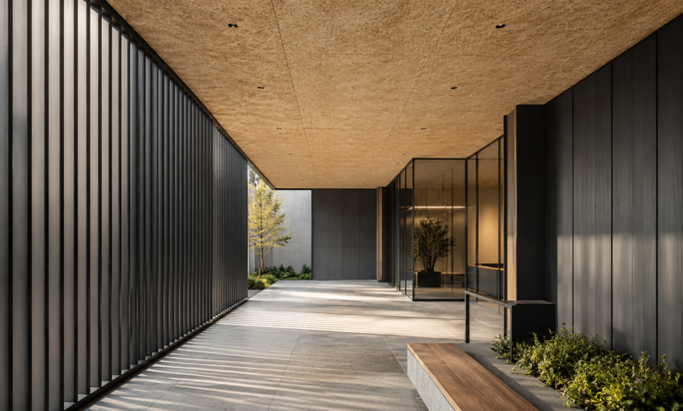 Architectural façade with battens