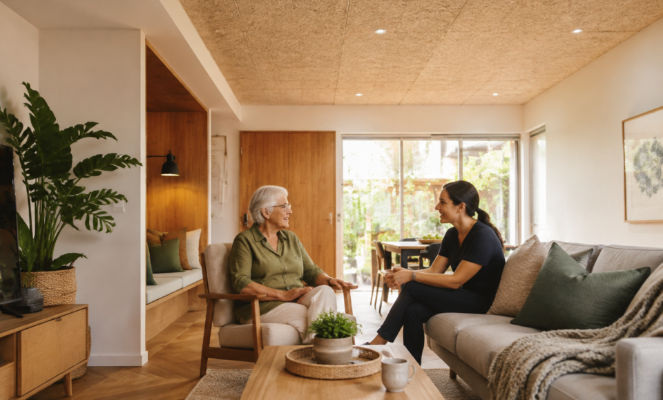 Support worker speaking with an older resident