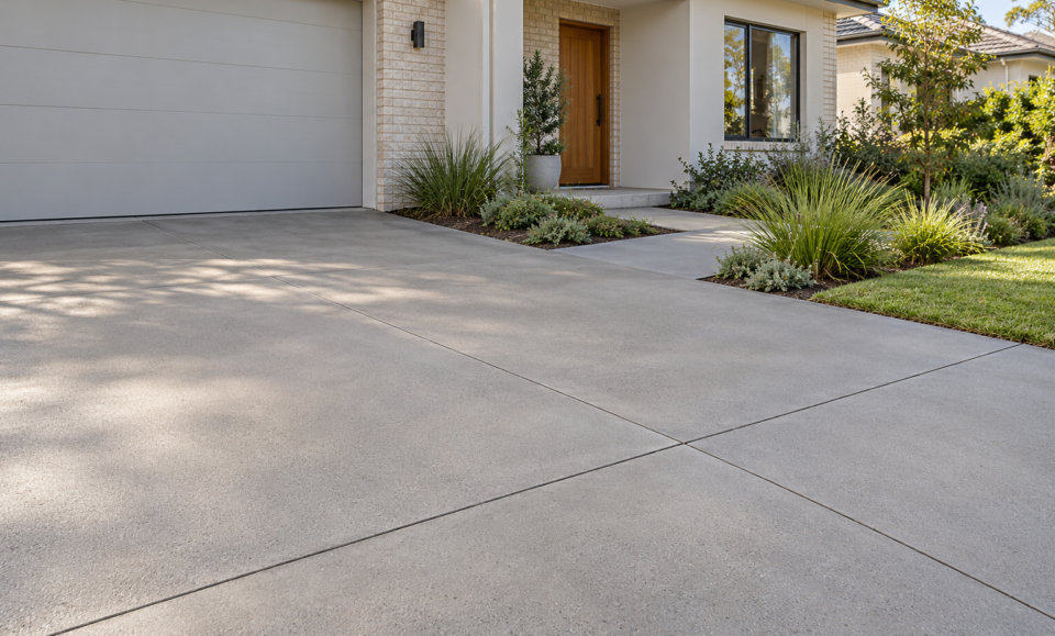 Refreshed grey concrete driveway beside a modern home
